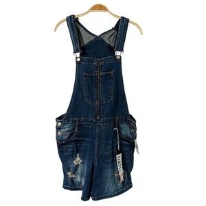 Almost Famous Denim Shortall Overalls Size 11 Distressed Dark Wash Zip Front NWT